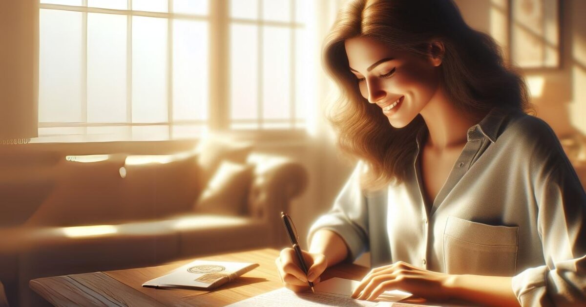 In the sunny interior of the room, we see a woman writing a letter at a wooden table. The woman is smiling widely and holding a pen in her hand