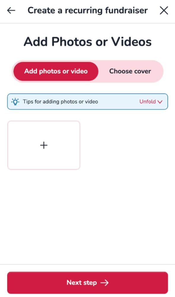 Screenshot of Step 3 of the fundraiser form showing the interface for adding photos and videos to the donation page.