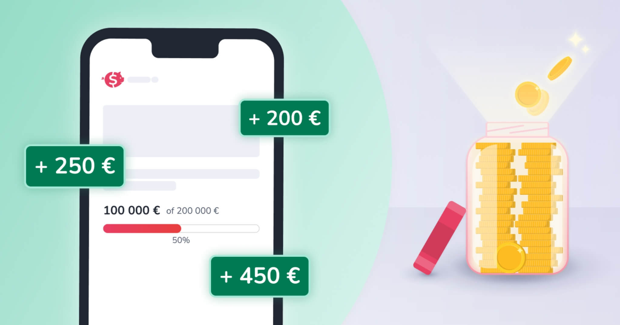 The graphic shows a smartphone with a fundraising interface. Euro amounts are flying around in front of the phone.  Next to it is a donation box.