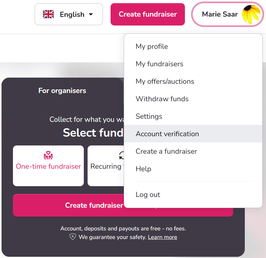 4fund.com profile menu with the Account verification option highlighted