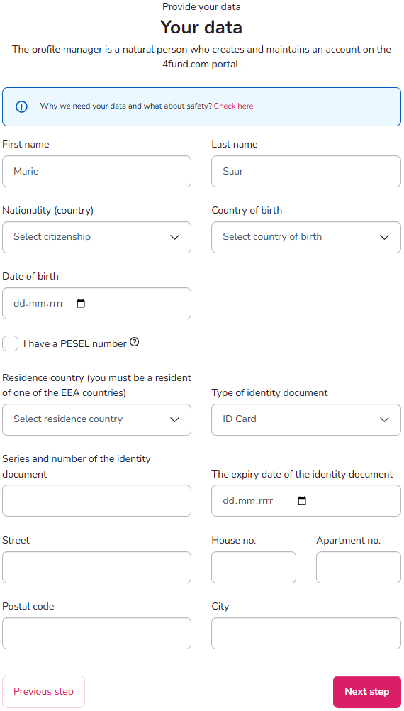 4fund.com account verification form for entering personal and identity document details
