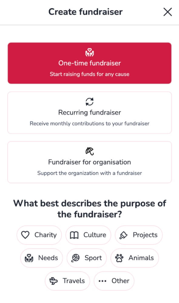 Captura de pantalla del pas 1 del formulari de recaptació de fons a 4fund.com, que mostra les opcions per seleccionar el tipus i la categoria de recaptació de fons.