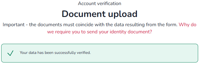 Kontoverifiseringsskjerm for 4fund.com bekrefter at de innsendte dataene er bekreftet