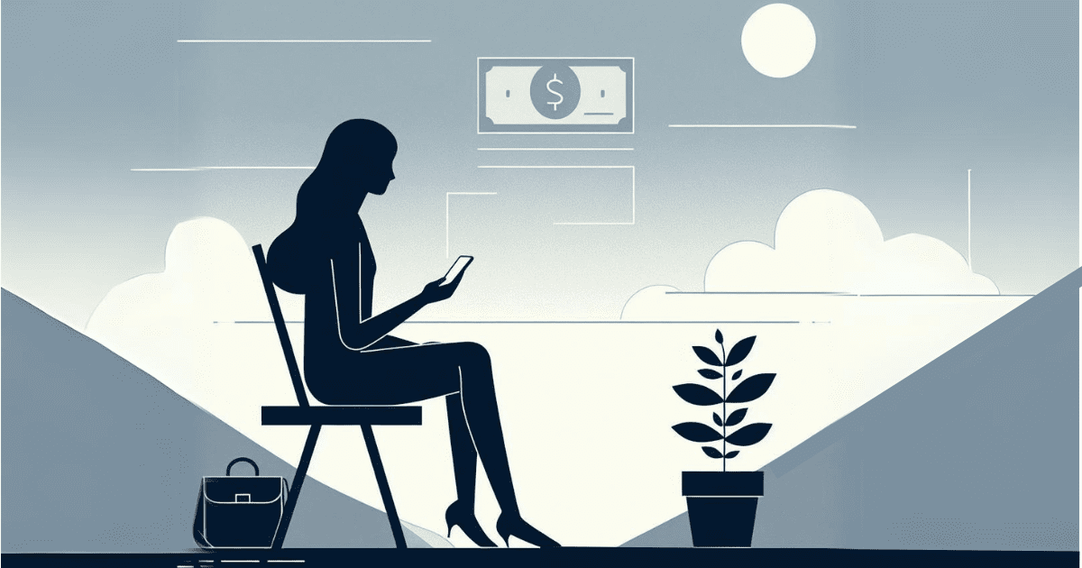 Minimalist graphic depicting the silhouette of a woman sitting on a chair. She holds a telephone in her hands. Next to the leg of the chair stands her handbag. Above her head, a dollar floats in the steel-grey sky.