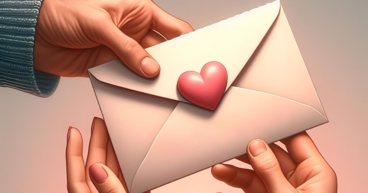 In the centre of the graphic is an envelope sealed with a heart-shaped sticker. The envelope is held by two male hands from top and bottom and from the bottom by one female hand. Their arrangement suggests that the man is handing the letter to the woman.