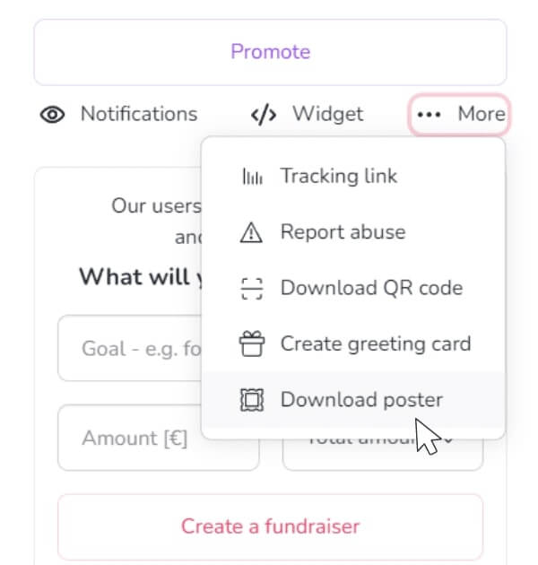 The graphic shows the functions for generating a fundraiser poster.