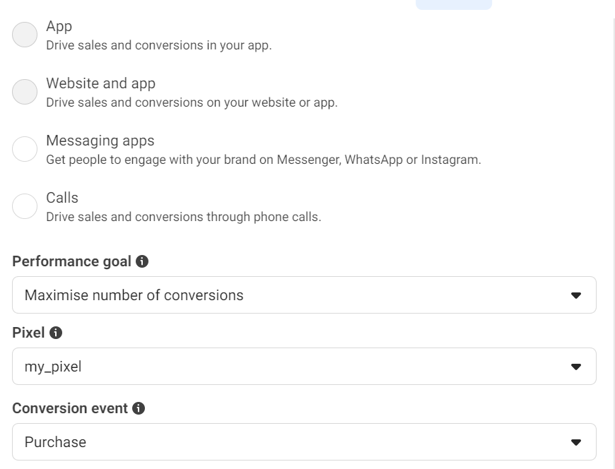 A campaign setup interface with options to select sales channels: App for driving sales and conversions in an app, Website and app for driving sales on a website or app, Messaging apps for engaging through Messenger, WhatsApp, or Instagram, and Calls for driving sales through phone calls. Below, a dropdown field labeled Performance goal is set to Maximise number of conversions. Another dropdown labeled Pixel shows my_pixel as the selected option. Lastly, a field labeled Conversion event is set to Purchase. Icons with information tooltips are visible next to each label.