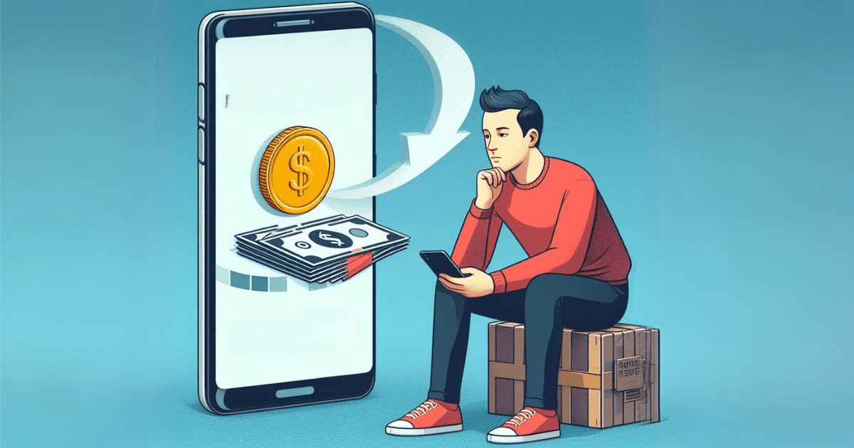 The minimalist digital illustration shows a man sitting on a wooden box with a phone in his hand. To his right is an unnaturally large mobile phone, from whose screen a coin and a bundle of banknotes emerge. The figure is looking at the screen of the unnaturally large phone, as if he is waiting for something.