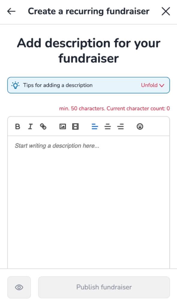 Screenshot of Step 4 of the fundraiser form, displaying the field for writing the fundraiser description.