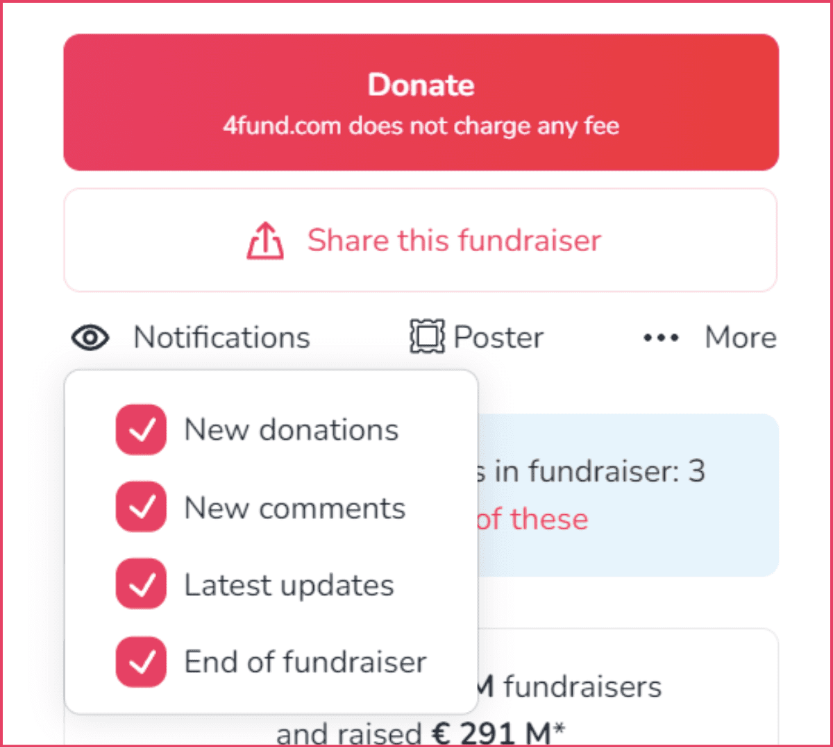 This image shows the top section of a fundraiser page with a red "Donate" button at the top. Below there is also a "Share this fundraiser" button. Below there are notification settings with options for: new donations, new comments, latest updates and end of fundraiser.