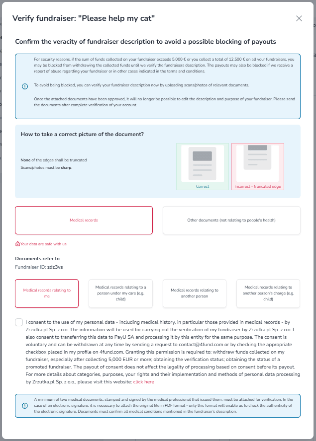 4fund.com innsamlingsbekreftelsesskjema for opplasting av dokumenter og bekreftelse av innsamlingsbeskrivelsen