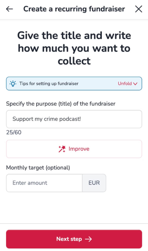 Screenshot of Step 2 of the fundraiser form where the user enters a title and sets the target amount.
