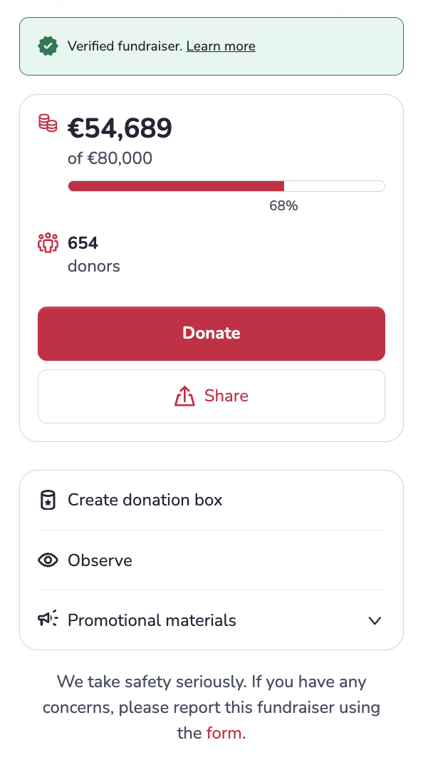 Verified fundraiser page on 4fund.com with donation progress, donor count and reporting option
