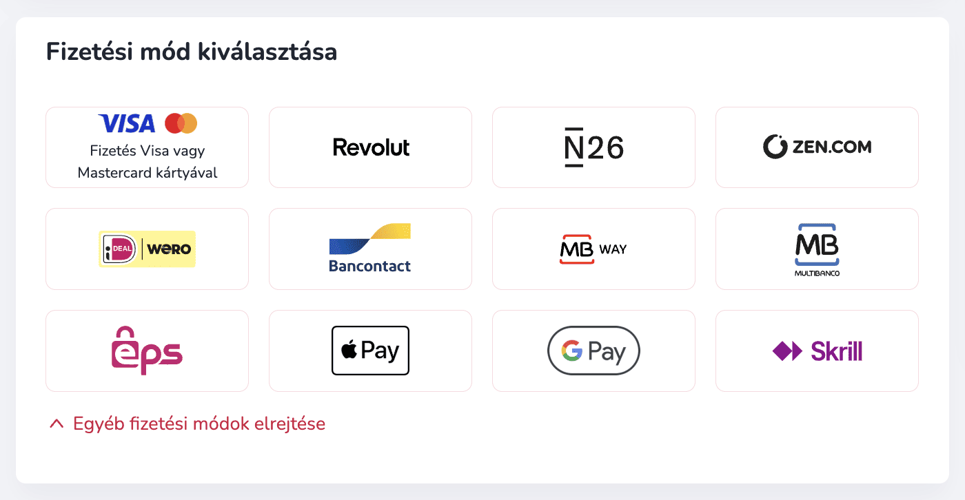 A 4fund.com-on elérhető fizetési módok, többek között Visa, Mastercard, Revolut, N26, ZEN.COM, Bancontact, MB Way, Multibanco, EPS, Apple Pay, Google Pay és Skrill