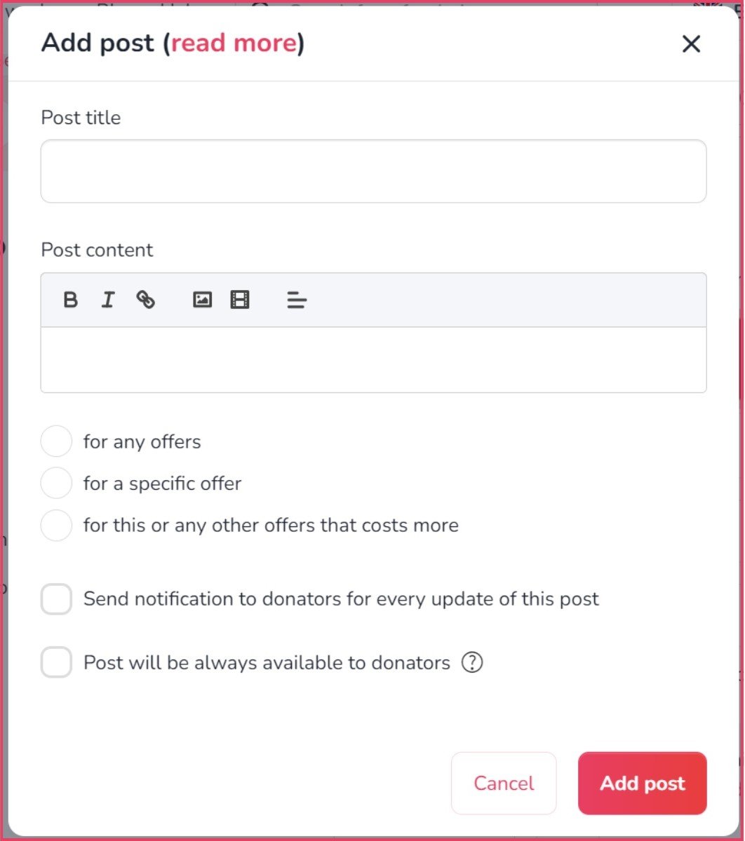 Post editing window. From the top, enter the title of the post, the content of the post and whether it will be available for any offer, for a specific offer only or for selected and more expensive offers. In addition, you can enable the option to notify donors of changes to the content of the post