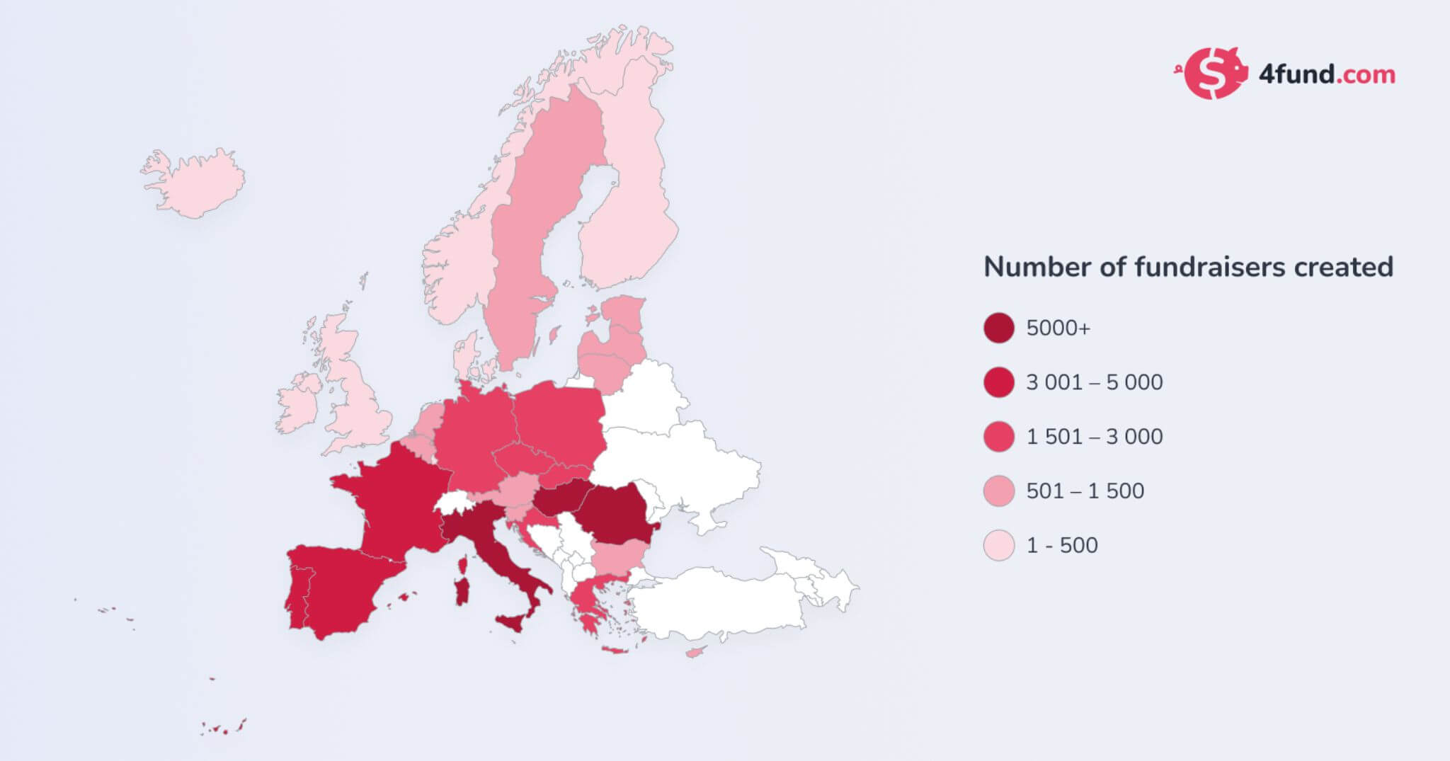 Kart over Europa som viser de mest aktive landene på 4fund.com