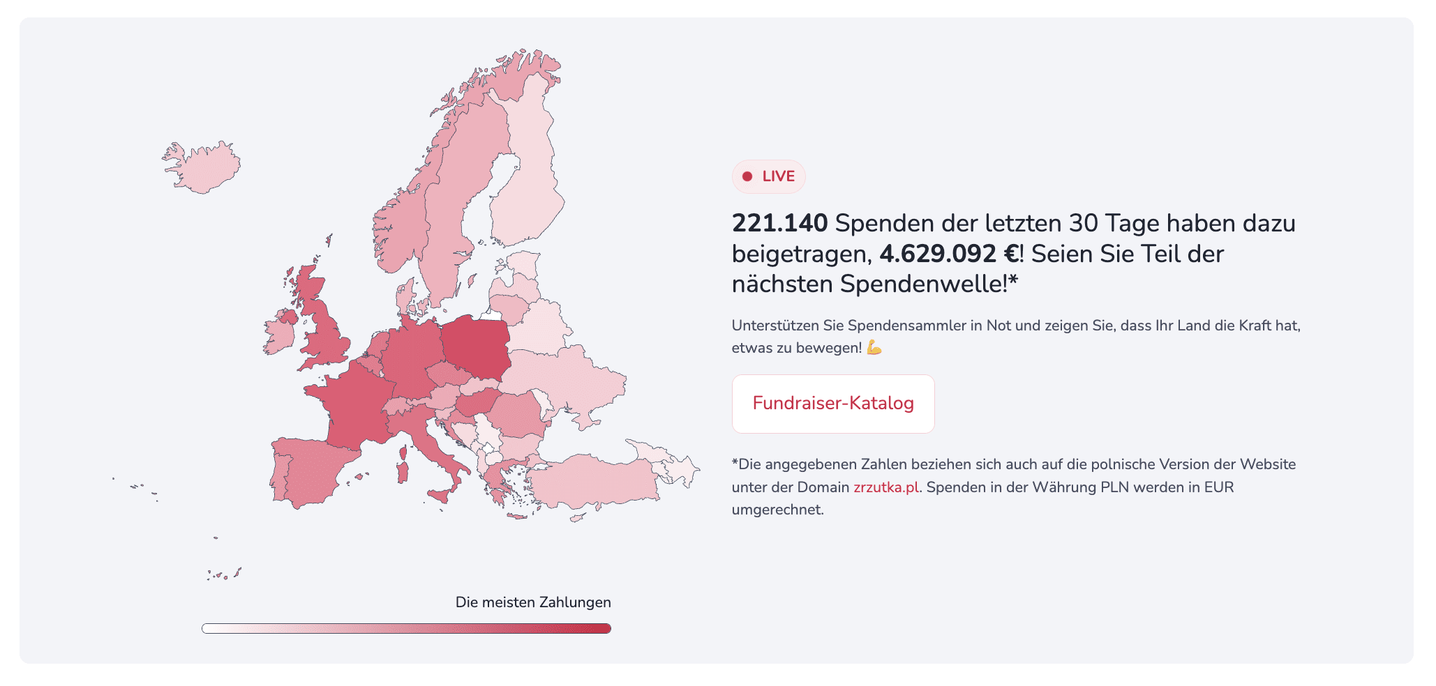 Europakarte mit Aktivitäten von Spendenaktionen auf 4fund.com