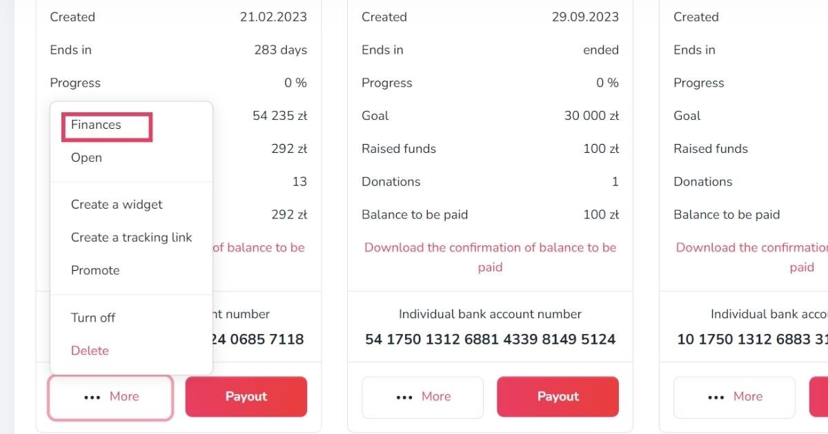 Dehra tat-tab 'Il-ġbir ta' fondi tiegħi'. Taħt kull ġbir ta' fondi hemm 2 buttuni - "Aktar" u "Ħlas". Meta tikklikkja "Aktar" fuq nett, l-għażla "Finanzi" hija murija.