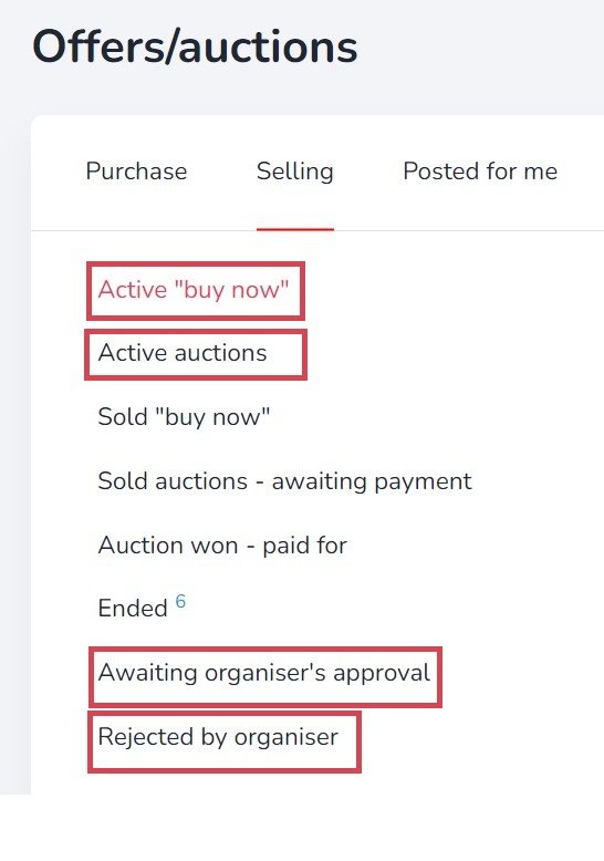 Offers/auctions "Selling" tab. From the top you can see the categories: Active "buy now", Active auctions, Sold "buy now", Sold auctions - awaiting payment, Auction won - paid for, Ended, Awaiting organiser's approval, Rejected by organiser.