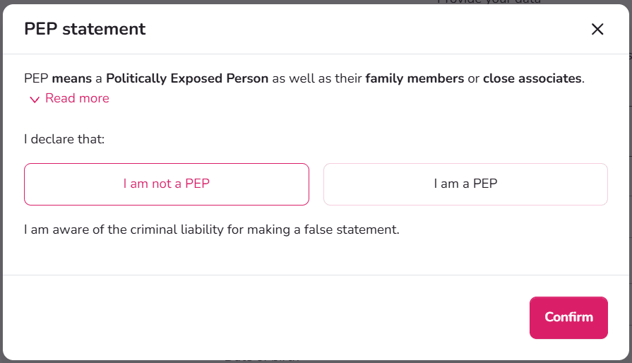 PEP statement window in the 4fund.com account verification process