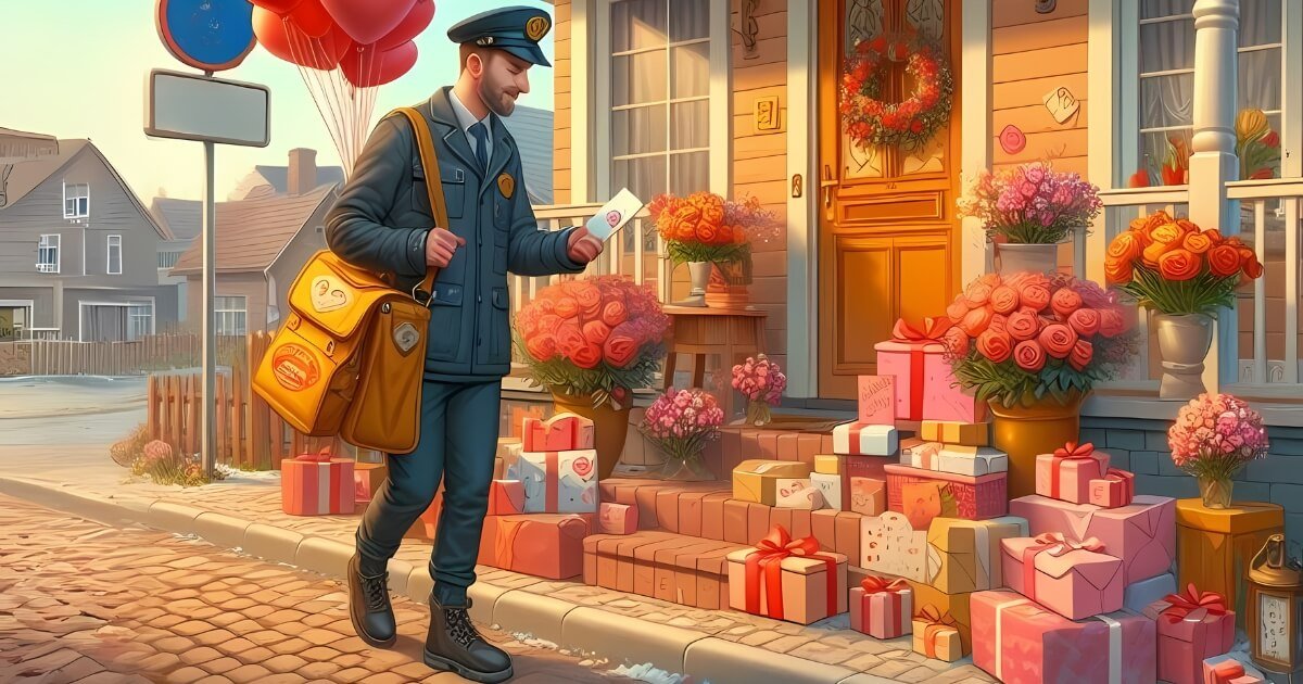 The graphic shows the staircase and front door of the house, all cluttered with colourful gifts and flowers. A postman walks past the house with an envelope in his hand, who seems to be reading an address from it. At the back, balloons are floating from the postman's bag.