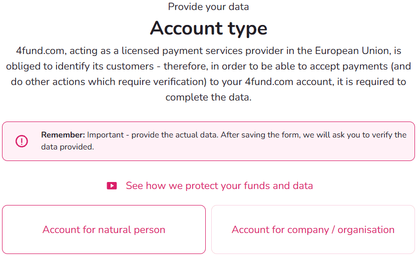 4fund.com account verification screen with the Account for natural person option