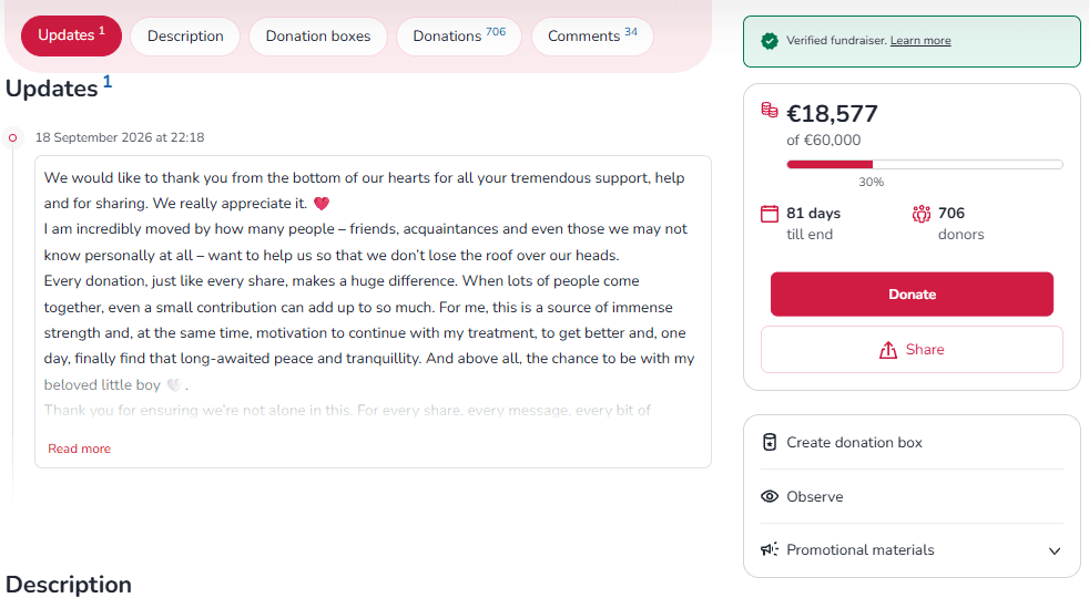 Verifisert innsamlingsside på 4fund.com med oppdateringsdelen og verifiseringsmerke