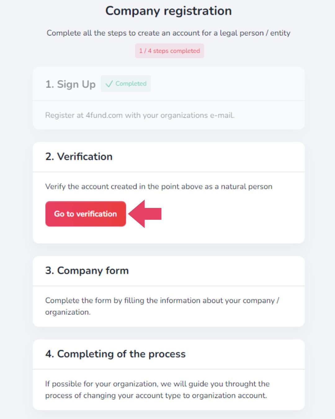 The screenshot shows the second step of the account registration process - verification.