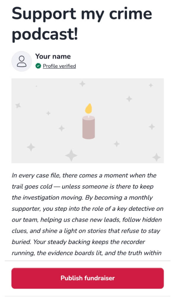 Screenshot of Step 5 of the form with a preview of the donation page and the 'Publish fundraiser' button.