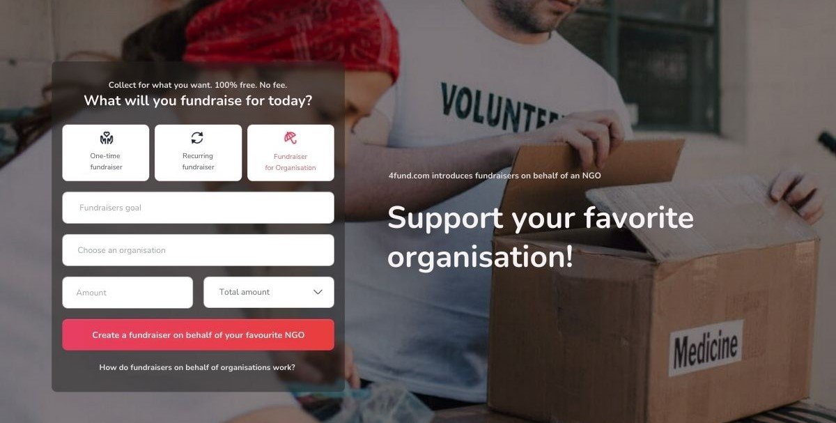 Landing page for fundraisers on behalf of NGO. On the page you will see a form where you have to enter the goal of the fundraiser, the amount and select the fixed beneficiary