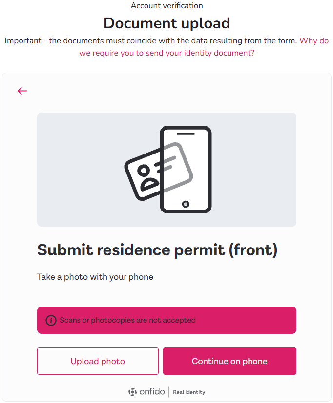 4fund.com identity verification screen for uploading a residence permit photo or continuing on a phone
