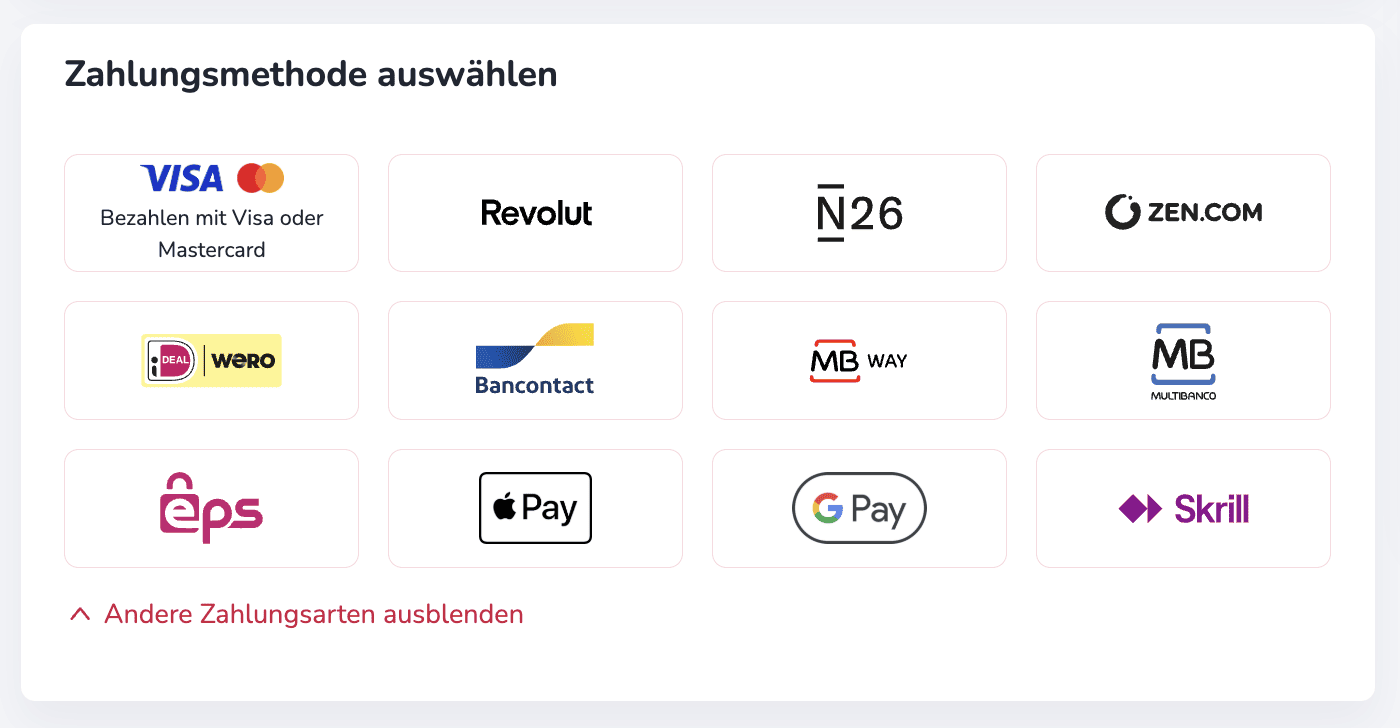 Auf 4fund.com verfügbare Zahlungsmethoden, darunter Visa, Mastercard, Revolut, N26, ZEN.COM, Bancontact, MB Way, Multibanco, EPS, Apple Pay, Google Pay und Skrill