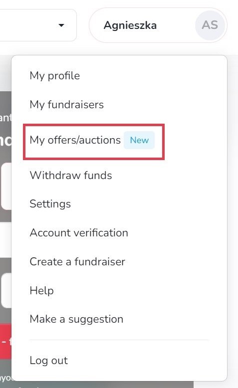View of the drop-down menu in the top right corner. To expand the menu log in and then click your name. My offers/auctions is the third option counting from the top.