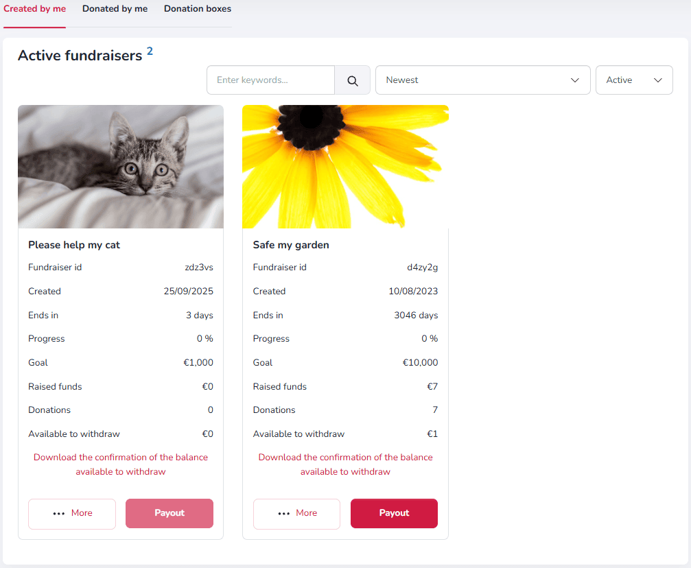 4fund.coms dashbord for aktive innsamlingsaksjoner som viser separate innsamlingsaksjoner med individuelle ID-er og utbetalingsalternativer