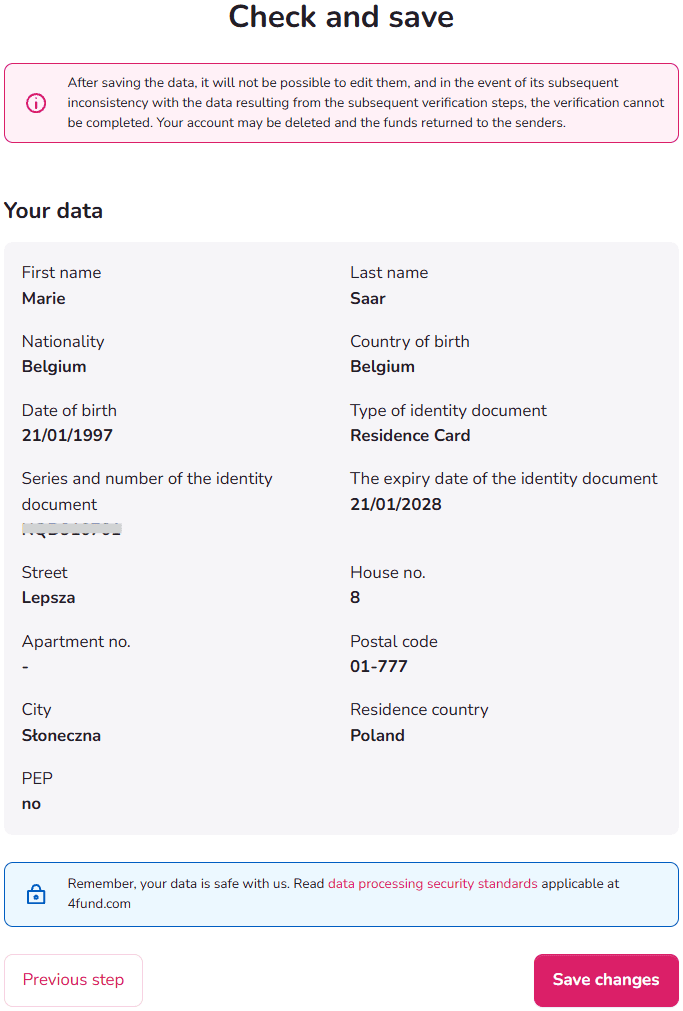 4fund.com verification summary screen showing personal details before saving