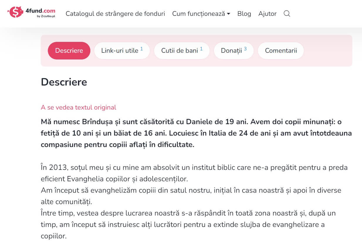 Prikaz web stranice 4fund.com na rumunjskom jeziku s prijevodom dijela opisa prikupljanja sredstava, izvorno kreiranog na portugalskom