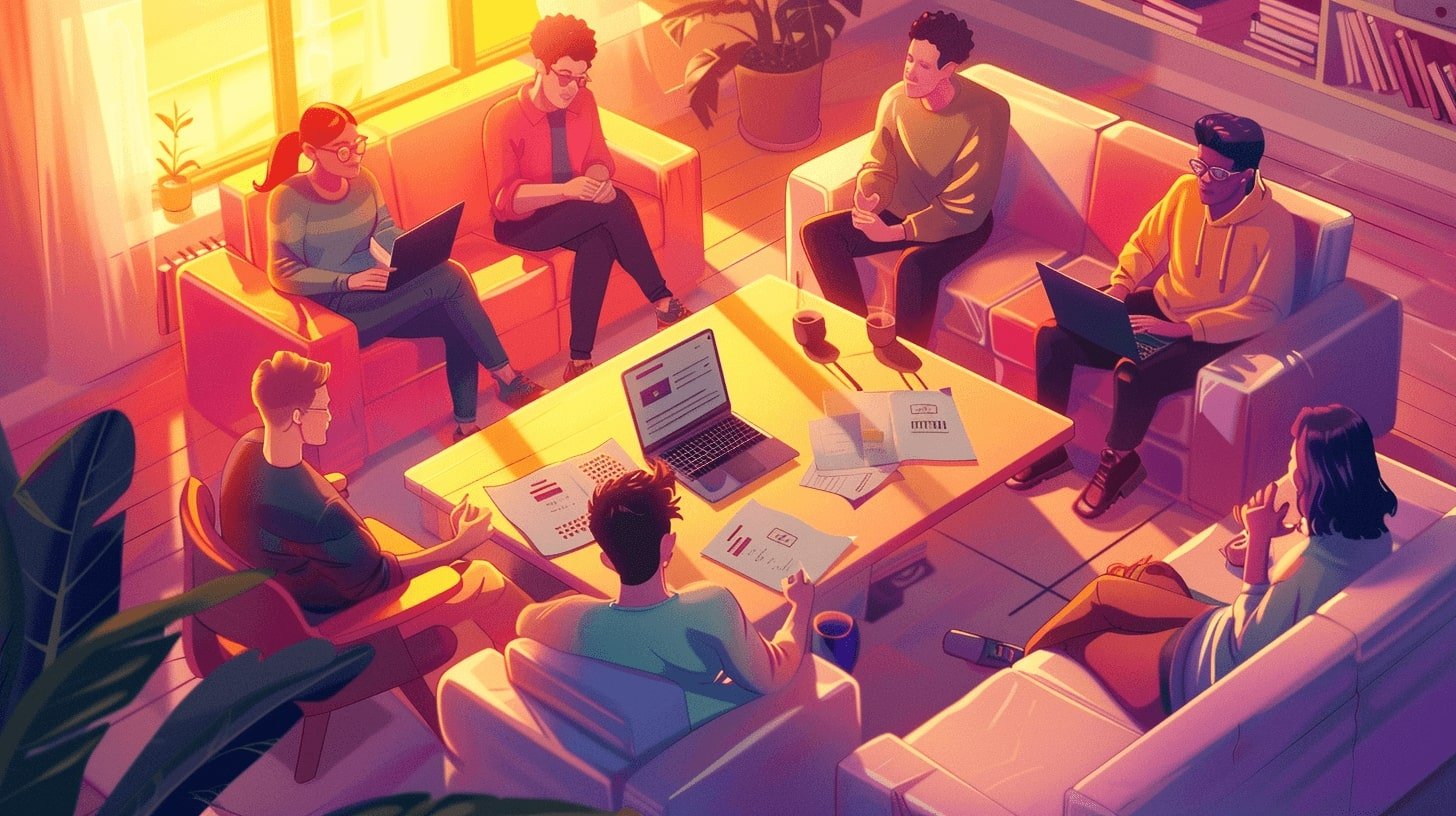 The graphic in warm tones depicts a group of people gathered around a living room table. On the table is a computer and documents. Each person is busy looking through the documents or working on a personal computer