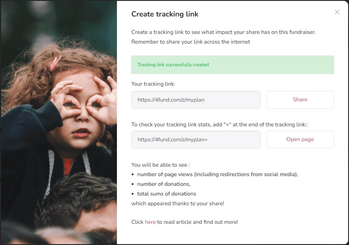 Picture shows creating tracking link interface.