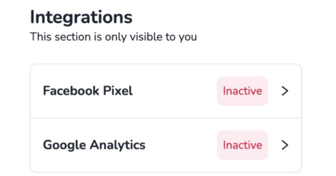 Captura de pantalla de la secció Integracions que mostra les opcions per afegir Facebook Pixel i Google Analytics.