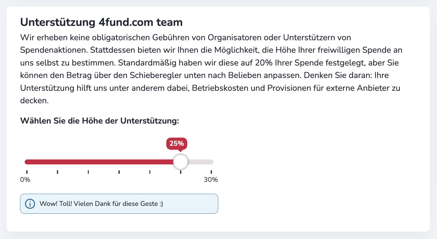 4fund.com-Oberfläche mit einem Regler für freiwillige Unterstützung