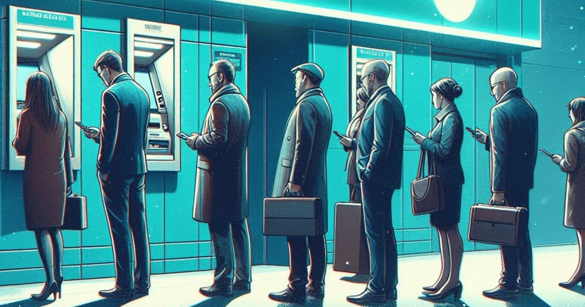 The graphic shows a queue of people waiting to use one of the three ATMs. All persons are dressed in business style. The graphic is kept in cool, blue-grey colours.