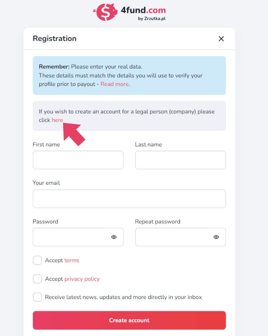 The screenshot shows a button on the form, leading to the registration of the organisation's account.