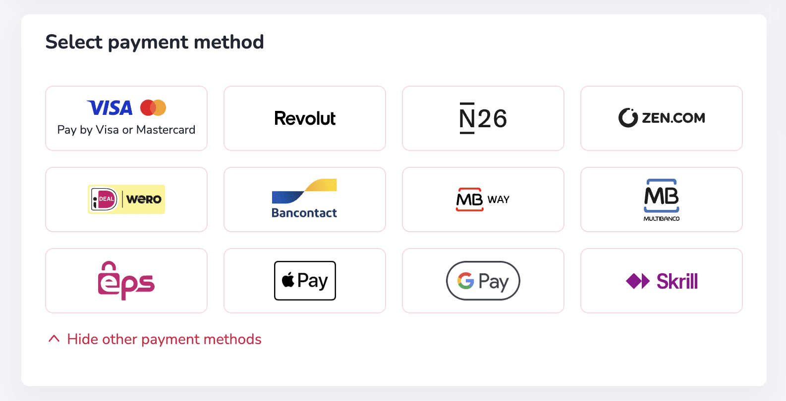 Payment methods available on 4fund.com, including Visa, Mastercard, Revolut, N26, ZEN.COM, Bancontact, MB Way, Multibanco, EPS, Apple Pay, Google Pay and Skrill