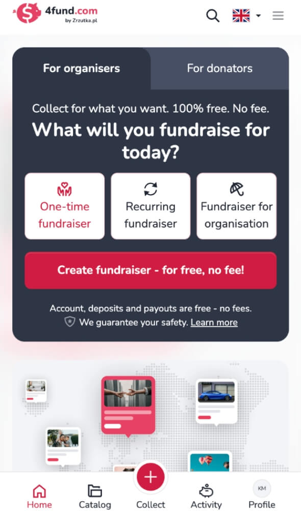Captura de pantalla que mostra la pàgina principal de 4fund.com amb el botó "Crea una recaptació de fons" visible.