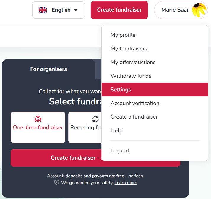 4fund.com profilmeny med Innstillinger-alternativet uthevet