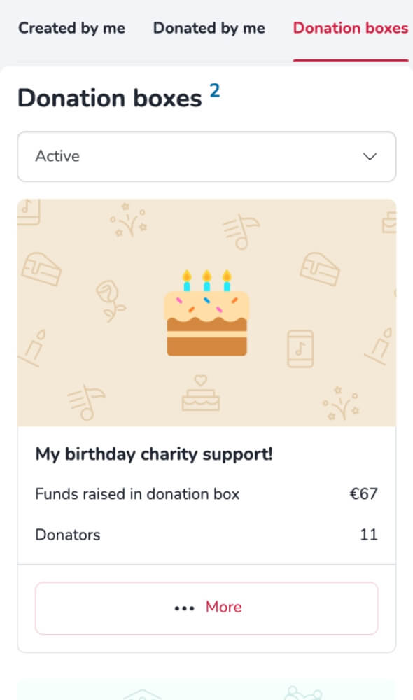 Screenshot of donation boxes section on My fundraisers page