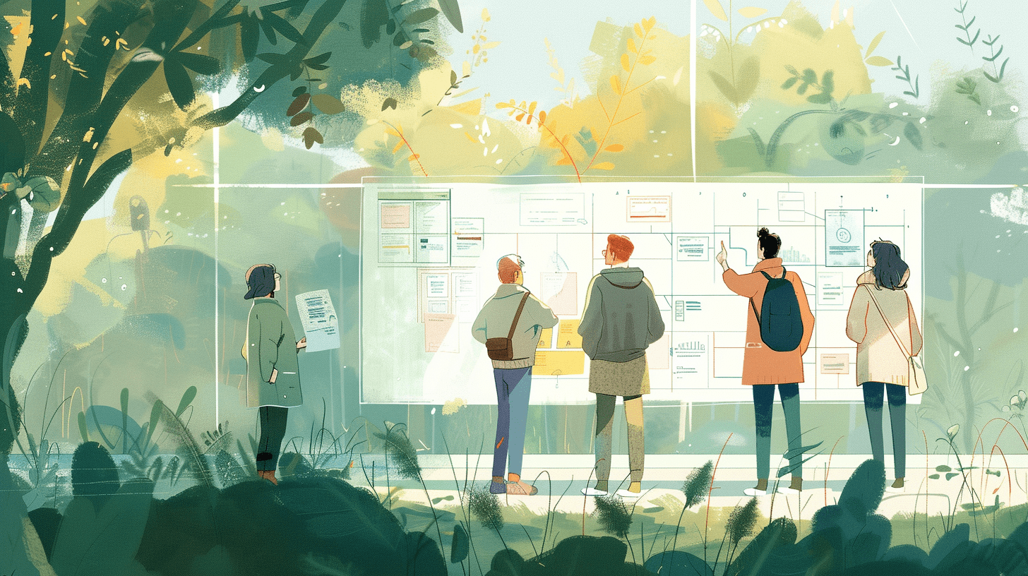 4 people stand in the park in front of an information board. They clearly have a problem and are trying to find something on it. A fifth person approaches from the left, holding a document in their hands. He holds it out towards the group in front of the information board.
