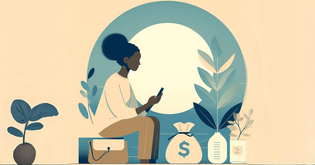 Minimalist illustration depicting a woman sitting with a mobile phone in her hands. In front of her is a bag of money. To the right and left, the illustration is decorated with leafy potted plants.