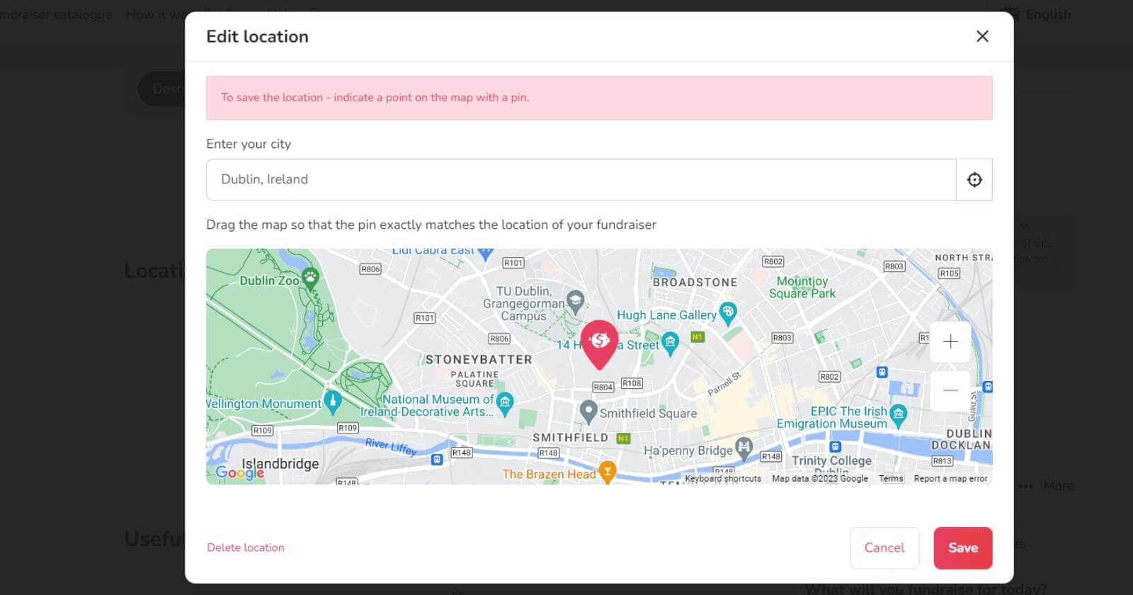 The graphic shows the function of editing the location of the fundraiser.