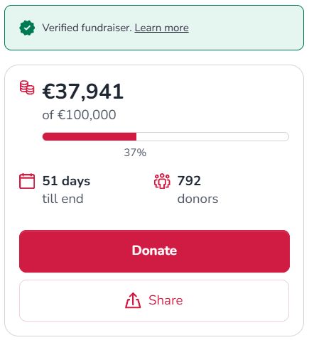 4fund.com-innsamlingssiden som viser det bekreftede innsamlingsmerket over donasjonspanelet